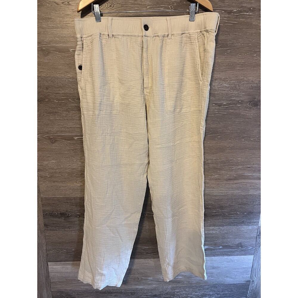 Women Cream Crinckled Cotton Textured Pants Sz Large Elastic Waist Upwest